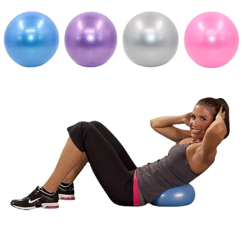 blue pilates ball 25cm with a smooth glossy surface designed for explosion proof yoga and core fitness exercises