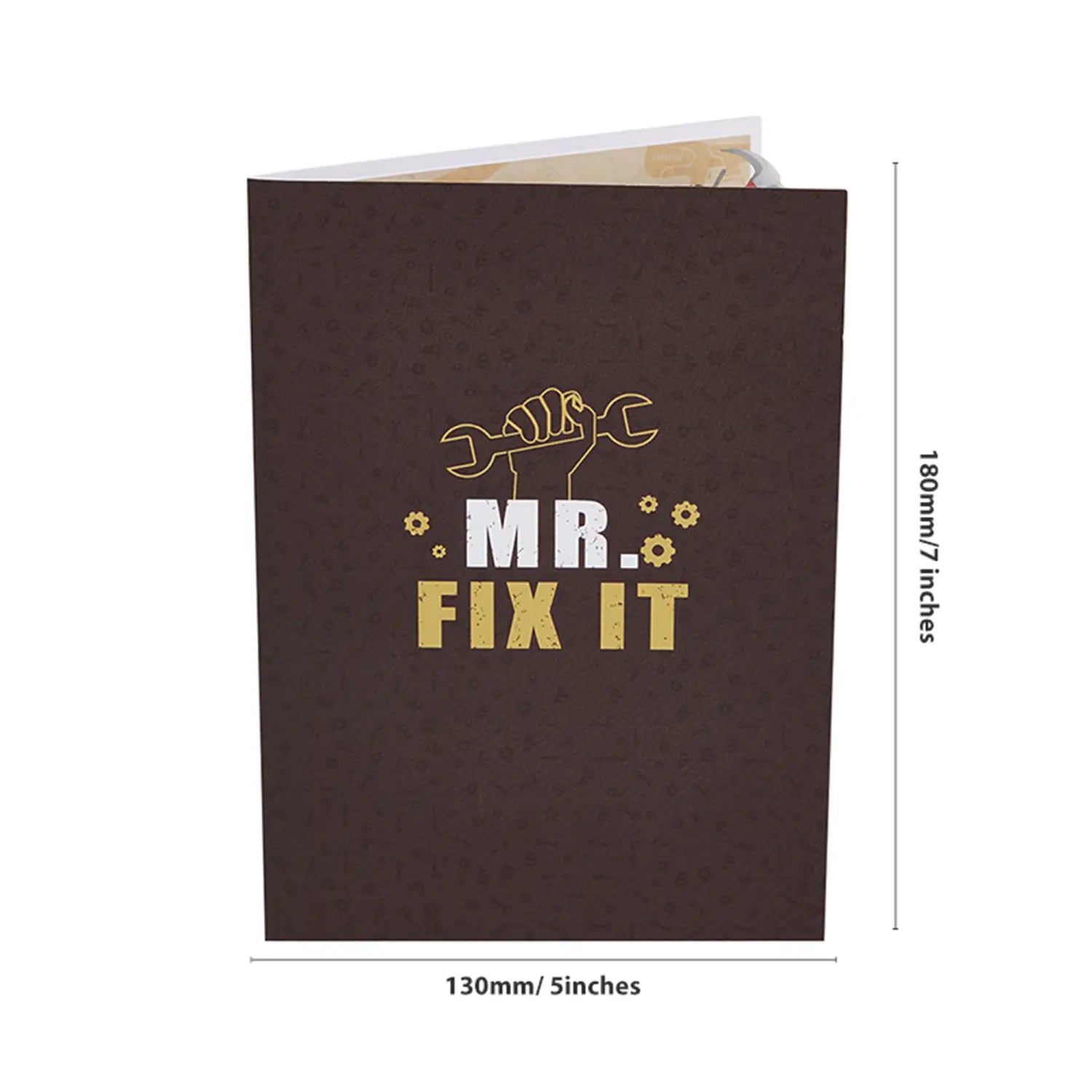 Dark brown pop-up greeting card featuring a gold-outlined wrench and gear design with mr in the father’s day toolbox 3d pop up greeting card.