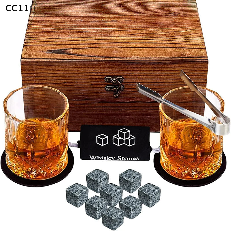 Father'S Day Gift Whiskey Stones Set 8 Pcs Granite Ice Cubes+ 2 Pcs Cups For Whisky In Wooden Bottle Box Present For Dad〔CC11〕