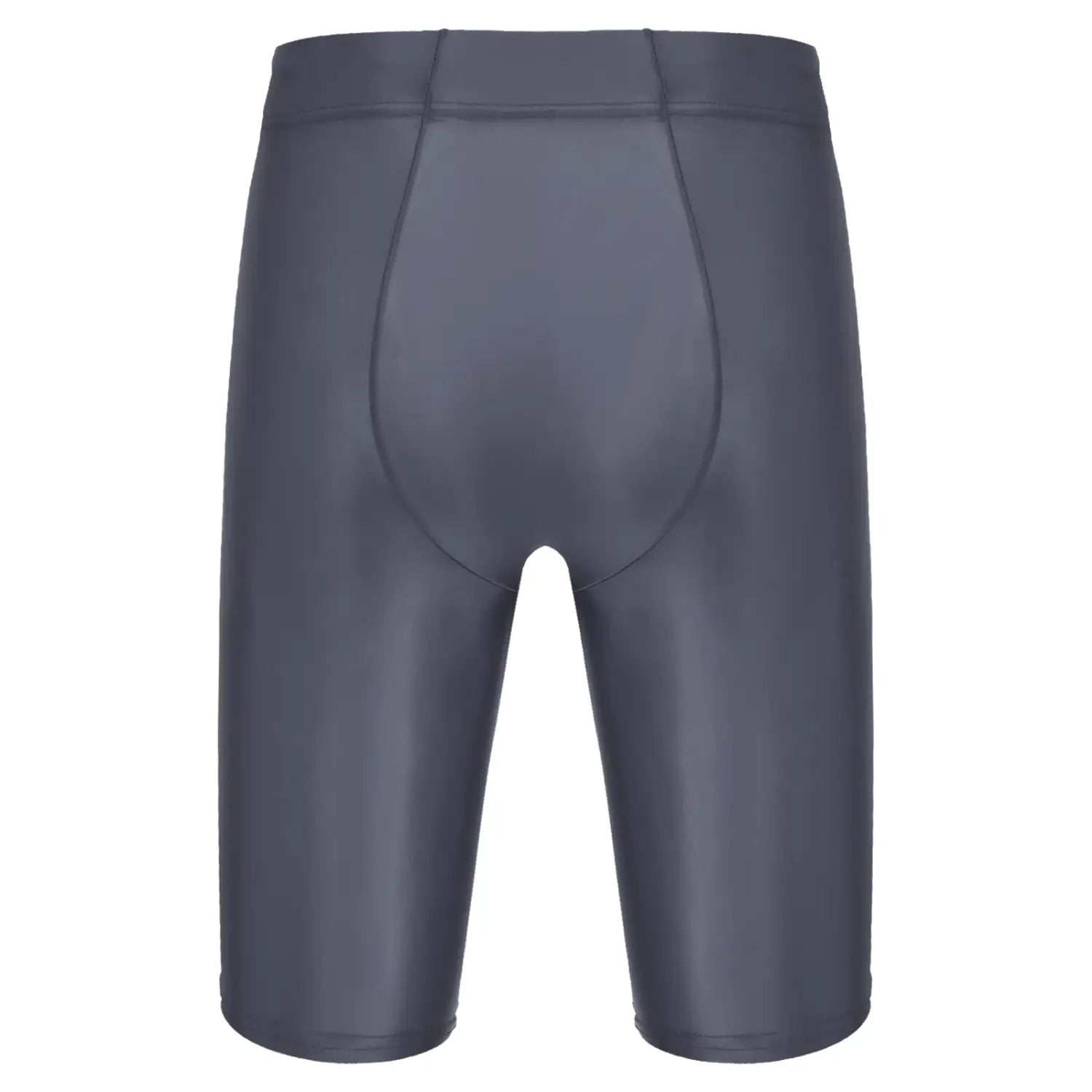 Shorts de compresión gris oscuro ajustados, confeccionados con material elástico liso, con costuras reforzadas, combinados con una camiseta de compresión para hombre de manga larga y acabado brillante.