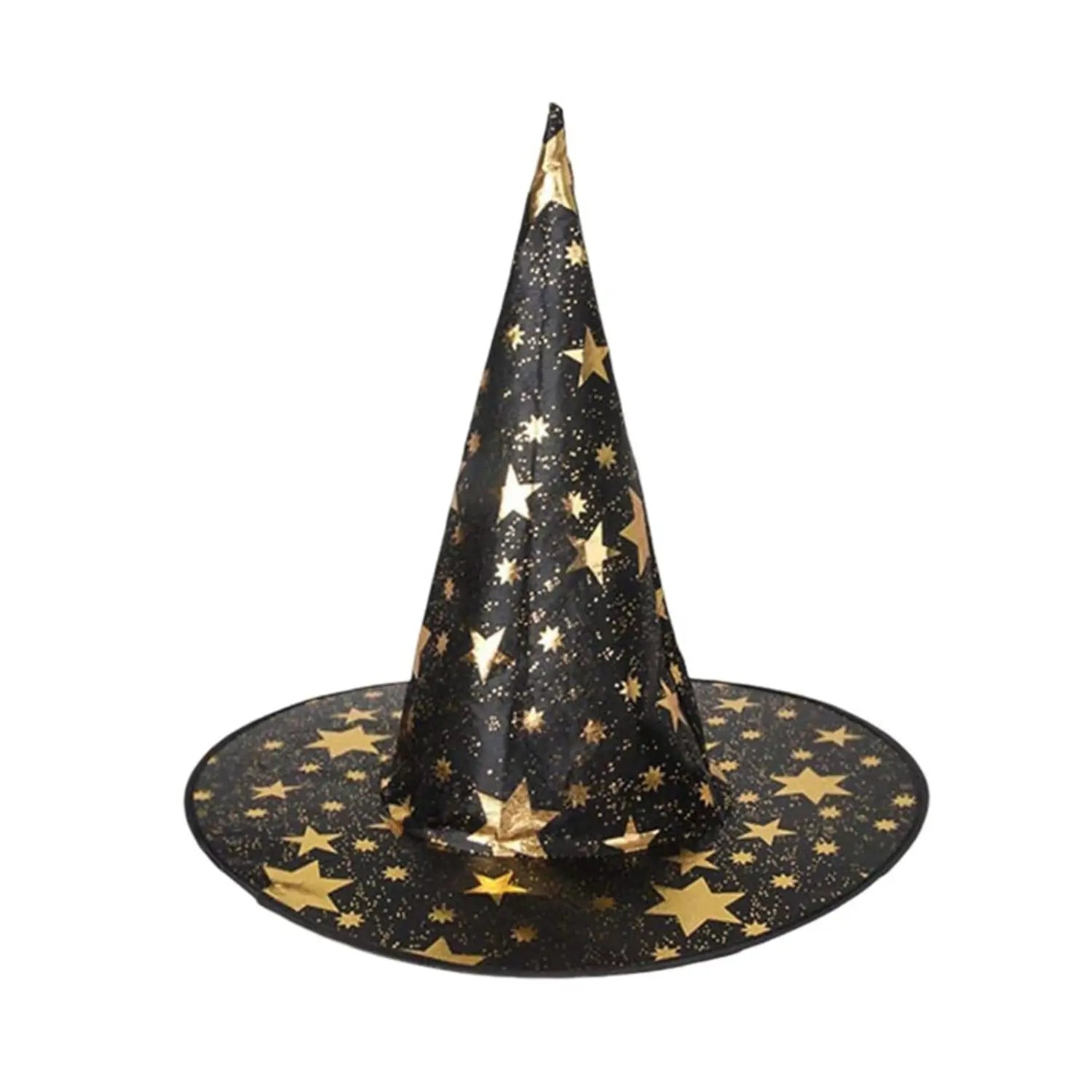 Black witch halloween hat with gold star patterns and glittery accents designed as a halloween hat decoration for wizard costume accessory.
