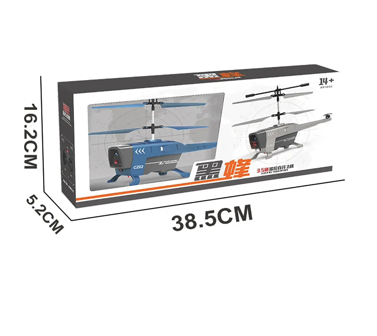 jouet d’hélicoptère télécommandé bleu et gris avec fonction d’évitement des obstacles dans un emballage, mettant en évidence le temps de charge et le temps de vol.