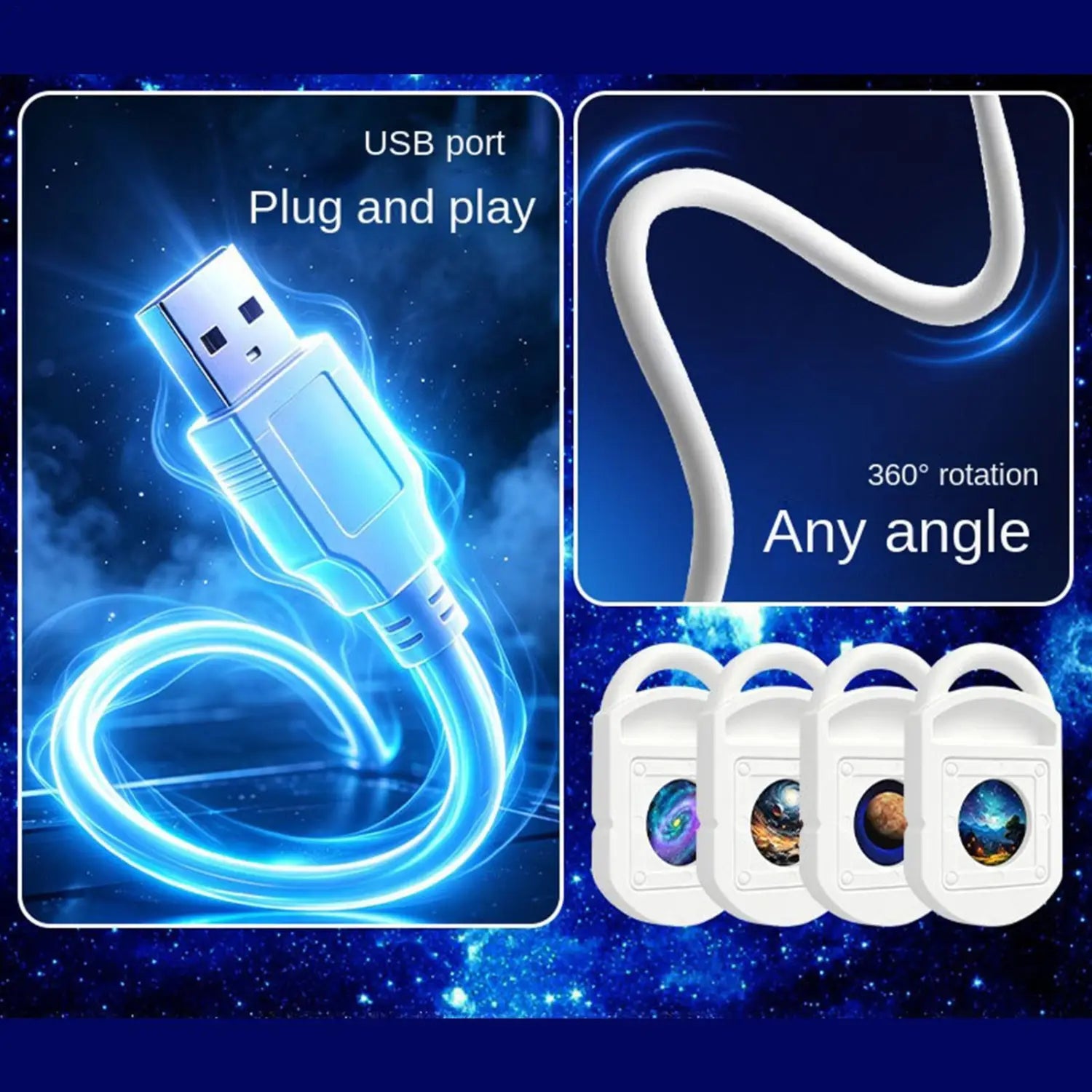 Weißes USB-Kabel mit schlankem flexiblem Design und 360-Grad-Drehfunktion für die Galaxy-Projektor-Nachtlampe mit 24 Folien.