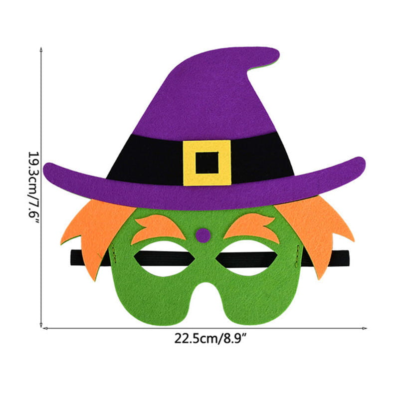 A vibrant green felt witch mask with a purple hat black band and yellow buckle designed for halloween pumpkin ghost diy party costumes.