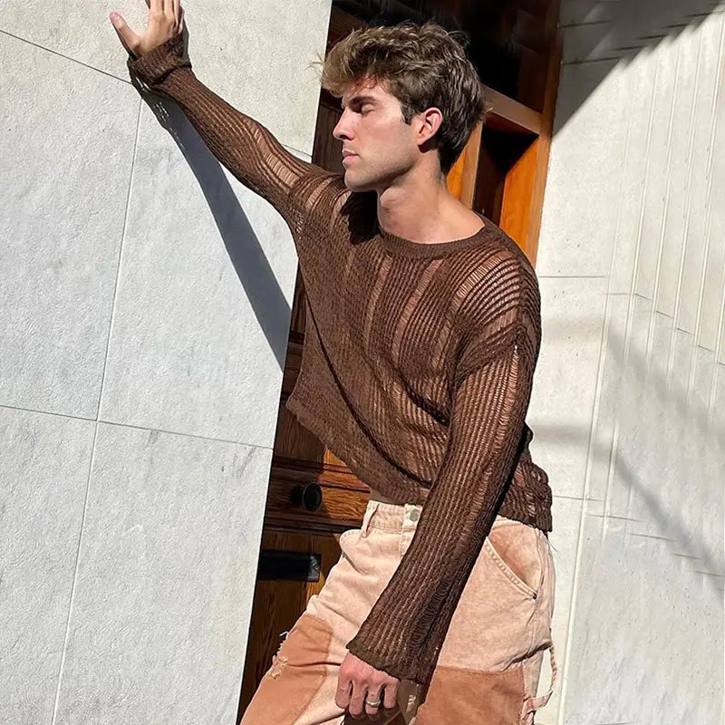 Herren-Braun mit durchscheinendem Strick, Longsleeve-Top, mit einem braunen halbtransparenten Rippstrickmaterial mit Rundhalsausschnitt