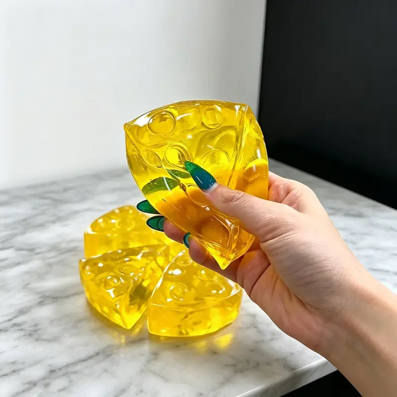 a translucent yellow gelatinous soft triangle cheese fidget toy with green leaf accents designed as a mini triangle cheese stress relief squeeze toy