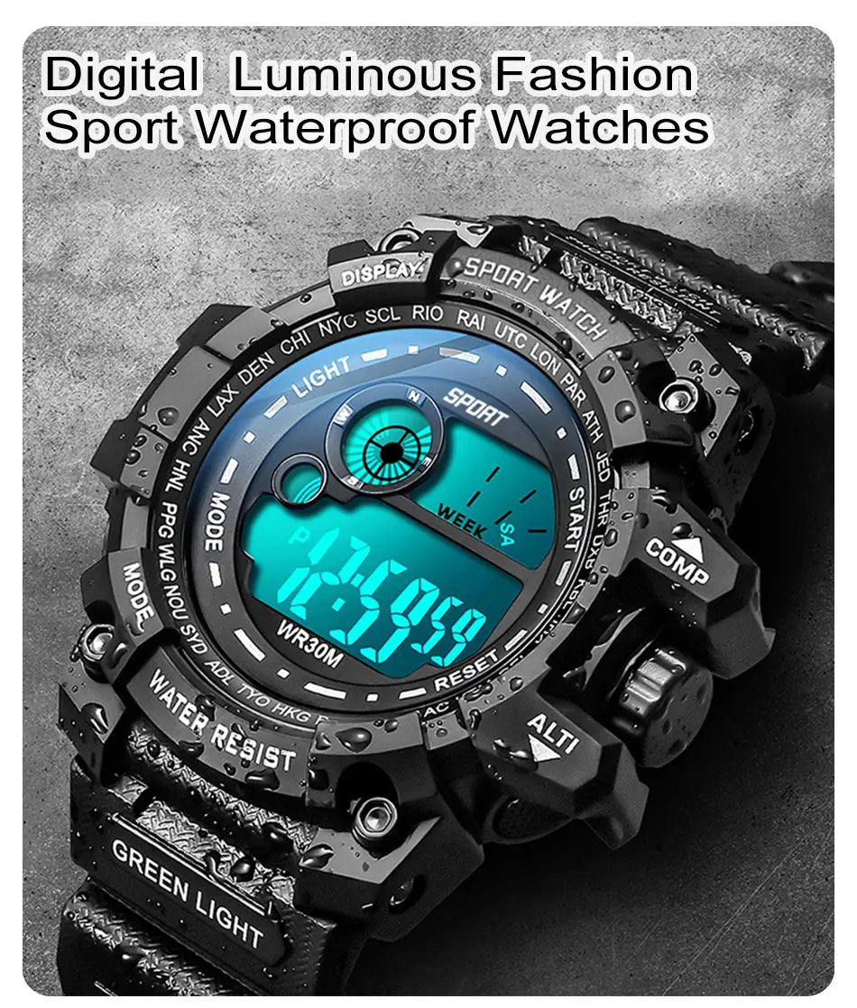 Men led digital sport watch in black with a teal luminous display and rugged textured casing designed for waterproof durability.