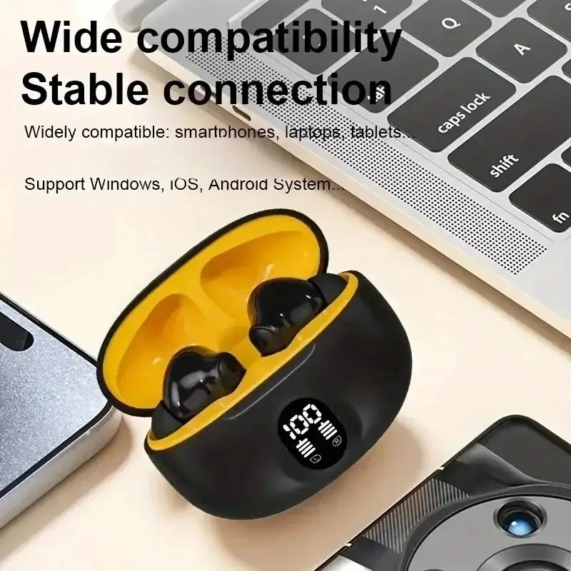 black and yellow wireless bluetooth earbuds with led display sport headphones in a sleek charging case featuring a digital display