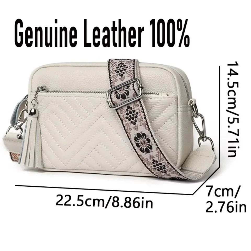 Genuine Leather Women Quilted Shoulder Bag Guitar Strap Zipper Sling Bag Casual Mobile Phone Pouch Handbag Purse Travel Work Bag