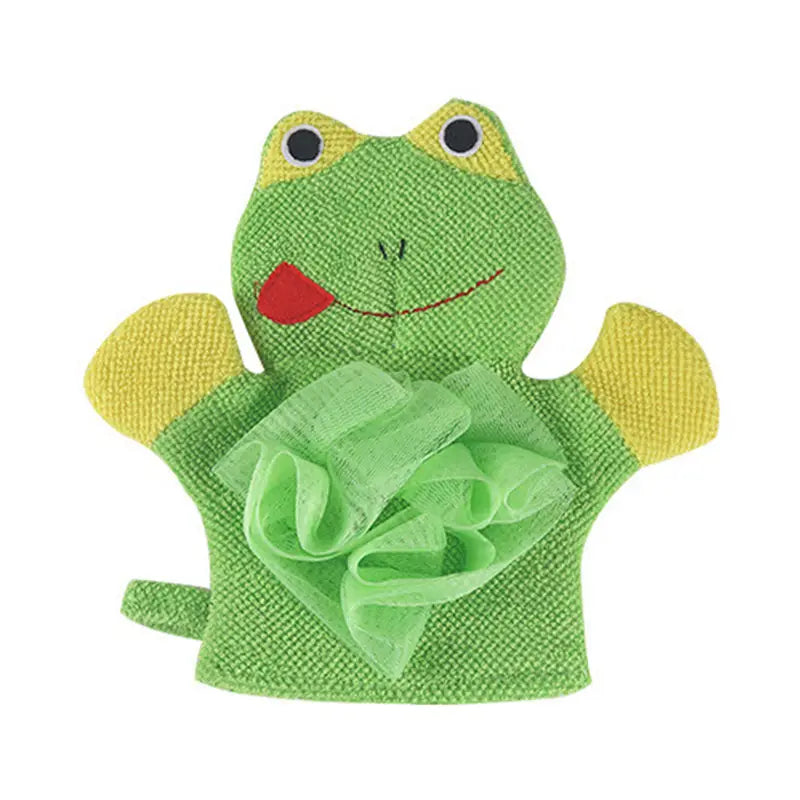 Grüner Frosch-in-Babyduschschwamm-Tierhandschuh mit gelben Händen und roter Zunge, mit einem weichen Mesh-Scheuerschwamm, der am Bauch befestigt ist, für eine sanfte Anwendung unter der Dusche