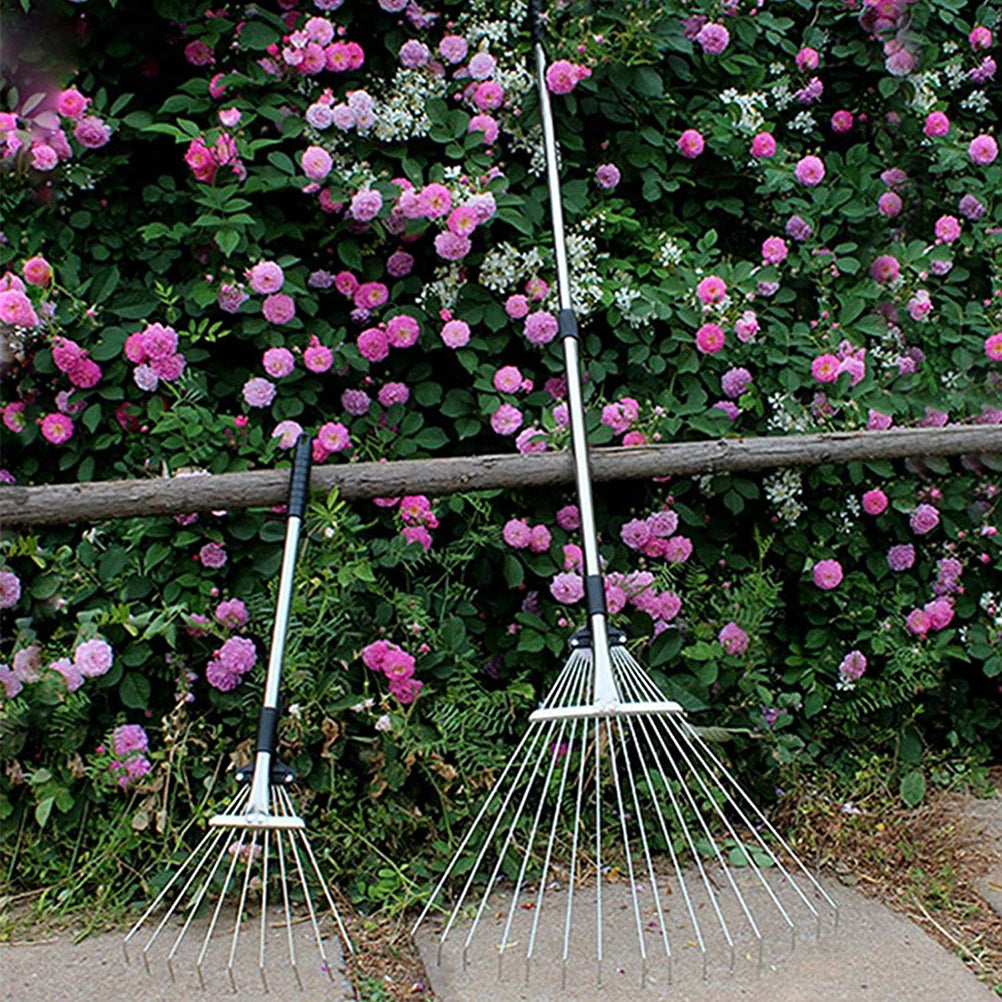 Small Garden Rake Quick Sweep Adjustable Aluminum Alloy Multi Toothed Comfortable To Grip  Garden Leaf Rake for Lawn