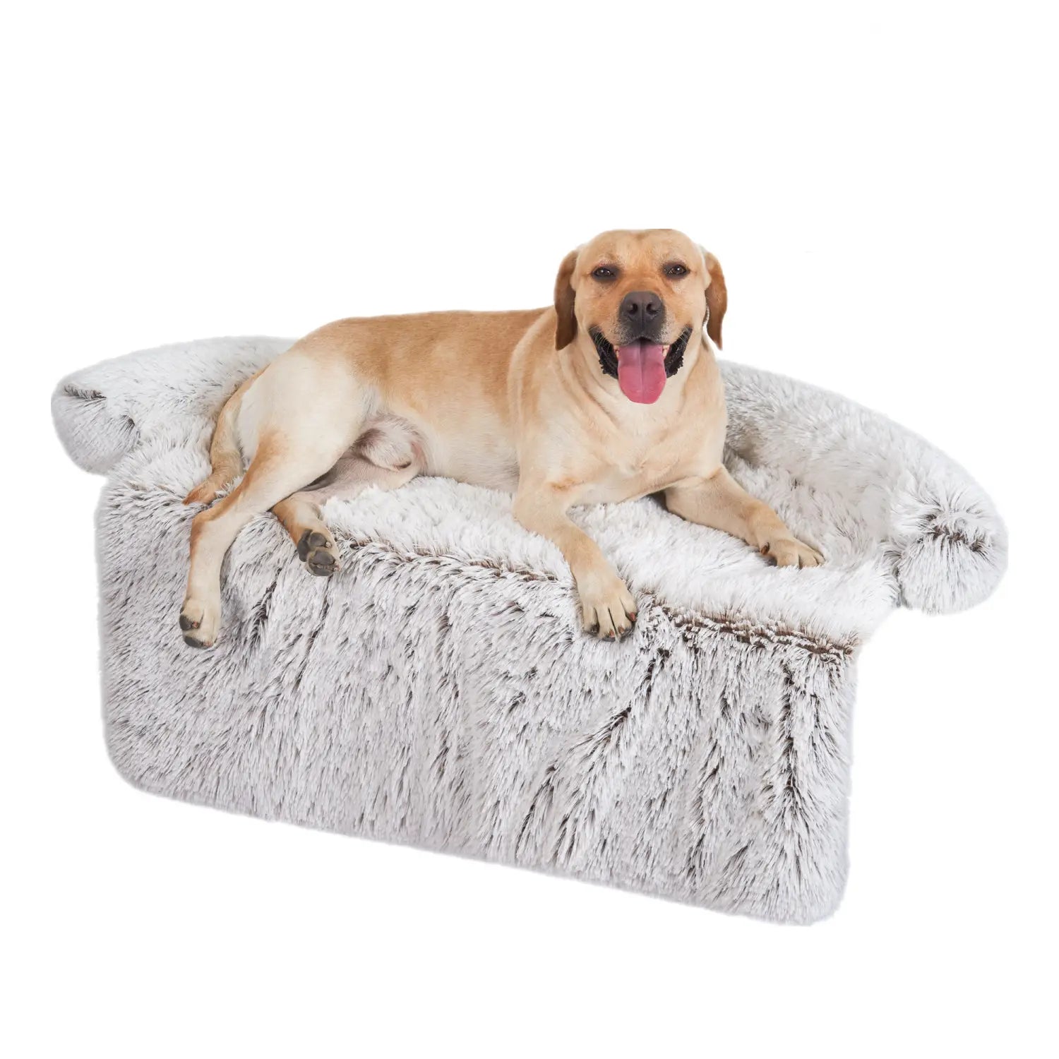 A plush gray faux fur dog bed sofa with a cozy cushioned design and soft fluffy texture designed as a washable warm nest.