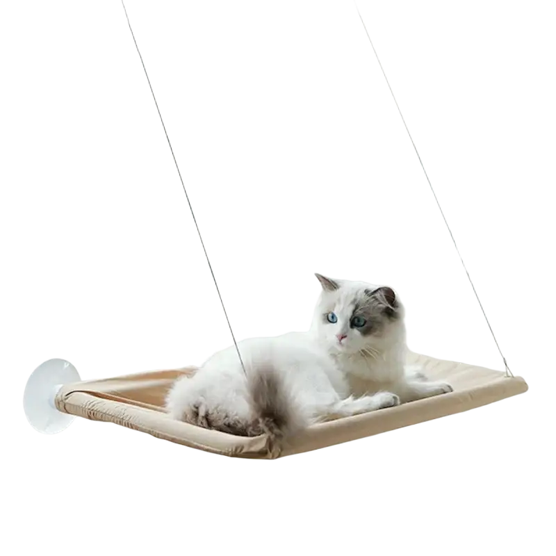 Beige cat hammock aerial with suction cup attachment for window mounting in front view