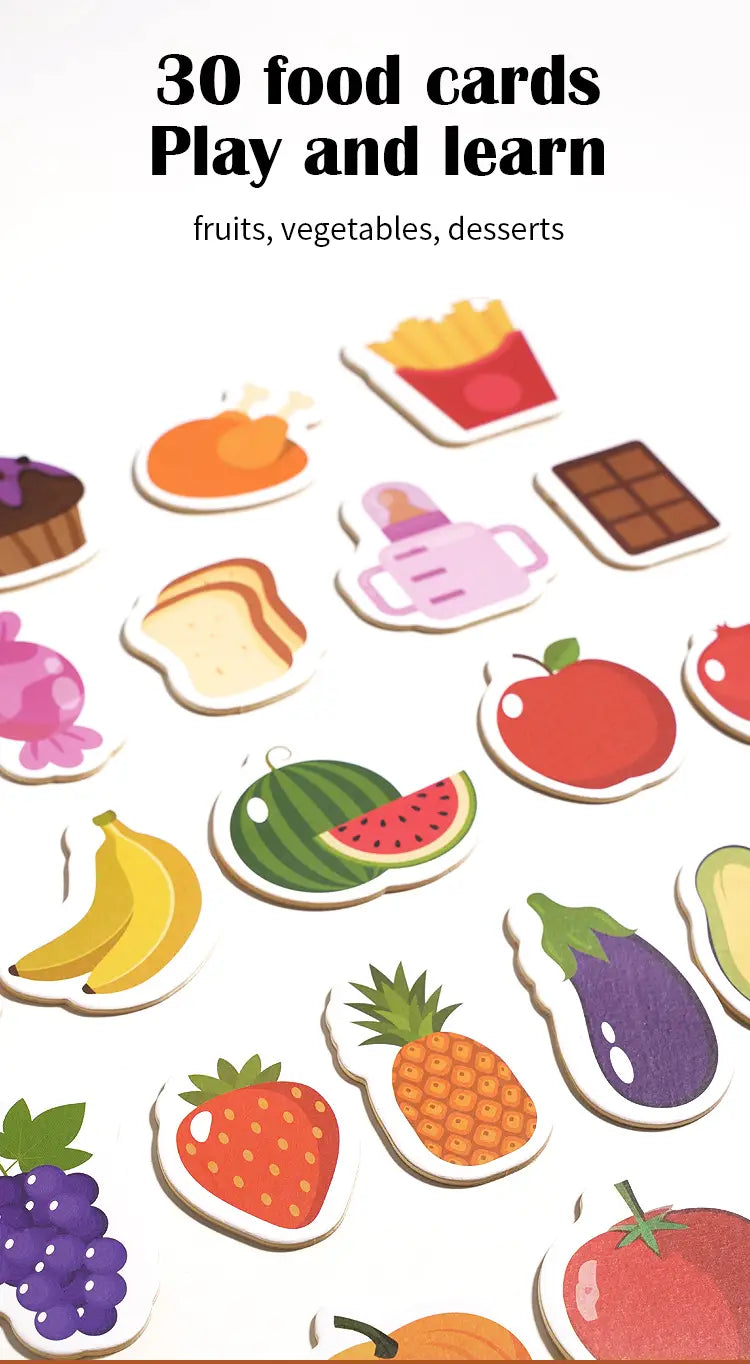 Set aus 30 farbenfrohen Holz-Lebensmittelkarten mit Früchten, Gemüse und Desserts in verspielten Cartoon-Designs für das hölzerne Bärenfütterungsspielzeug.