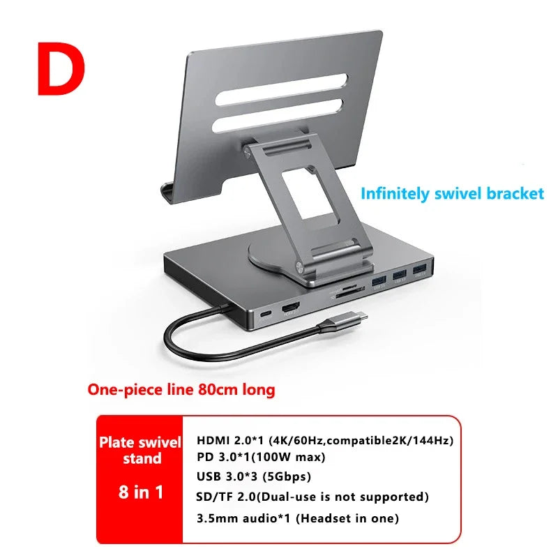 USB C Docking Station Aluminum Alloy Docking Station Laptop Stand HDMI-Compatible Multiple Ports Hub PD USB3.0 Gigabit Ethernet