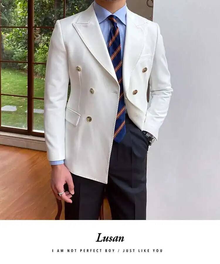 White double breasted slim fit blazer jacket for men featuring gold toned buttons and a tailored fit.