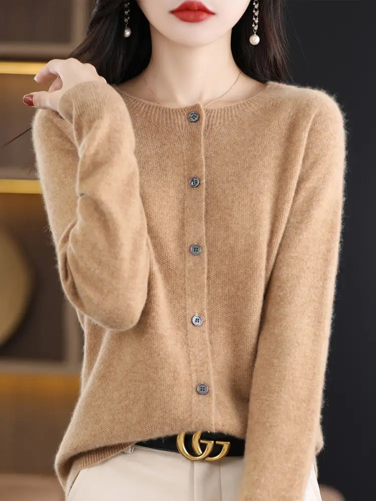 Beige long-sleeved merino wool cardigan with round neckline and dark gray buttons for women cashmere knit sweater.