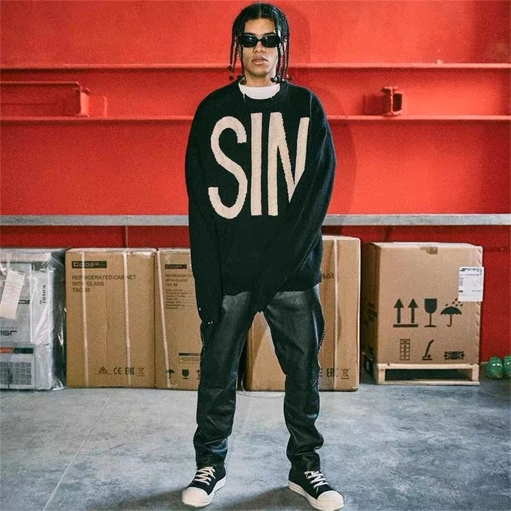 2025fw SIN Saint Sweater Men Women Black Heavy Fabric Unisex Crewneck Knit Sweatshirts
