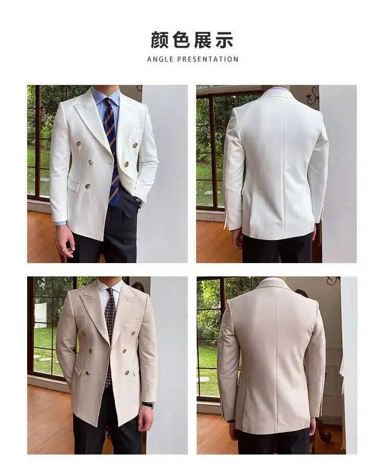 H4be2094bc2f94ed7ab479afed3e2aeb2U.jpg A sleek double breasted slim fit men blazer jacket in crisp white wool with classic notched lapels and matching buttons.