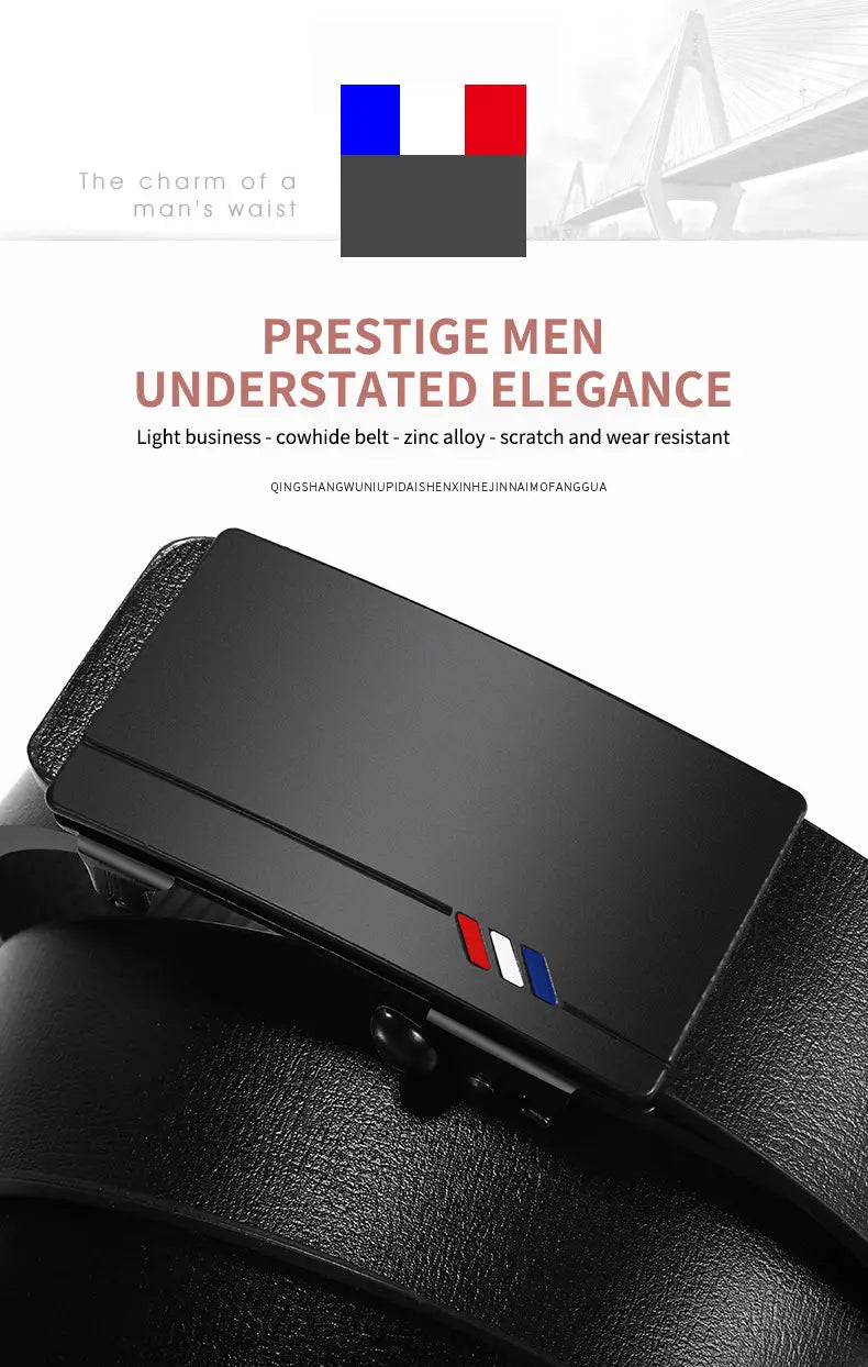 Men leather automatic buckle belt in black cowhide with a sleek zinc alloy buckle featuring a subtle red white and blue stripe design.