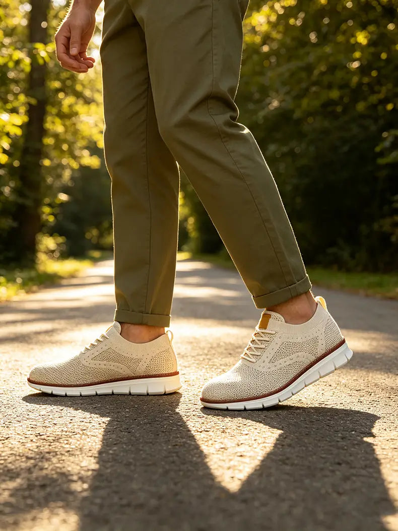 Zapatillas casual de hombre para caminar transpirables negro y blanco, en tejido color crema con diseño de empeine de punto abierto, suela de goma blanca y acentos marrones.