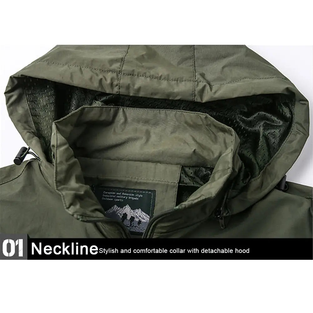 Men’s olive green waterproof tactical hooded jacket with detachable hood and black mesh lining.