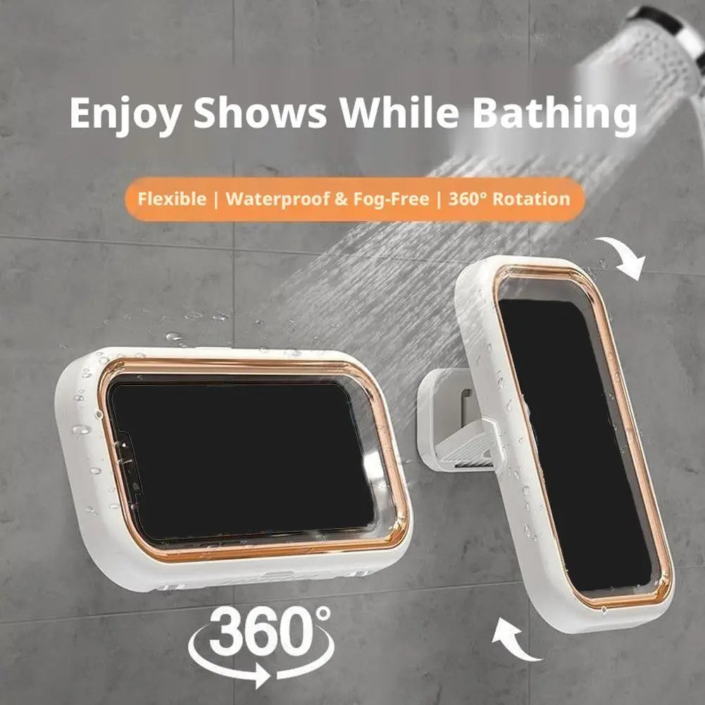 white and rose gold waterproof case with 360 degree rotation designed as a shower phone holder for bathroom use
