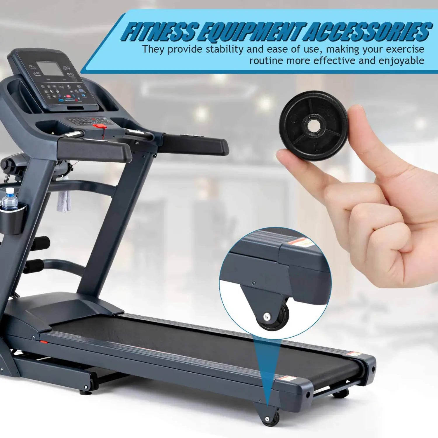 Roue de remplacement en plastique noir pour machine de salle de sport/tapis roulant, présentée du côté arrière, ensemble de 4.