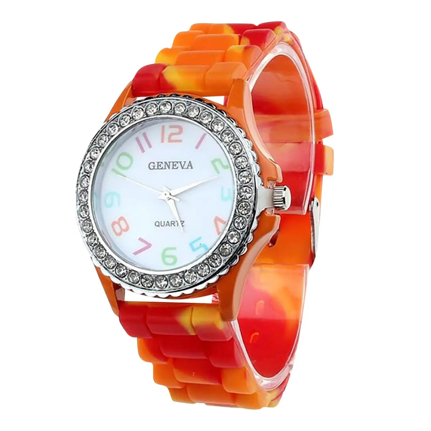 Girls crystal bling rainbow silicone watch with a vibrant orange and red band silver-toned crystal encrusted bezel and white dial with colorful numerals.