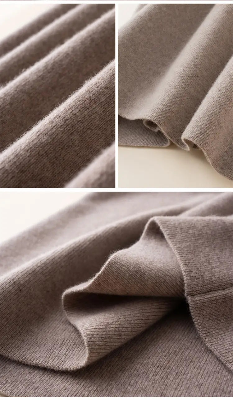 A soft light brown wool knit midi skirt features a high waisted pencil design with a smooth texture and subtle ribbed pattern.