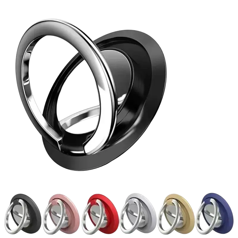 Black and silver magnetic phone holder finger ring stand with a sleek 360-degree rotatable design, front view