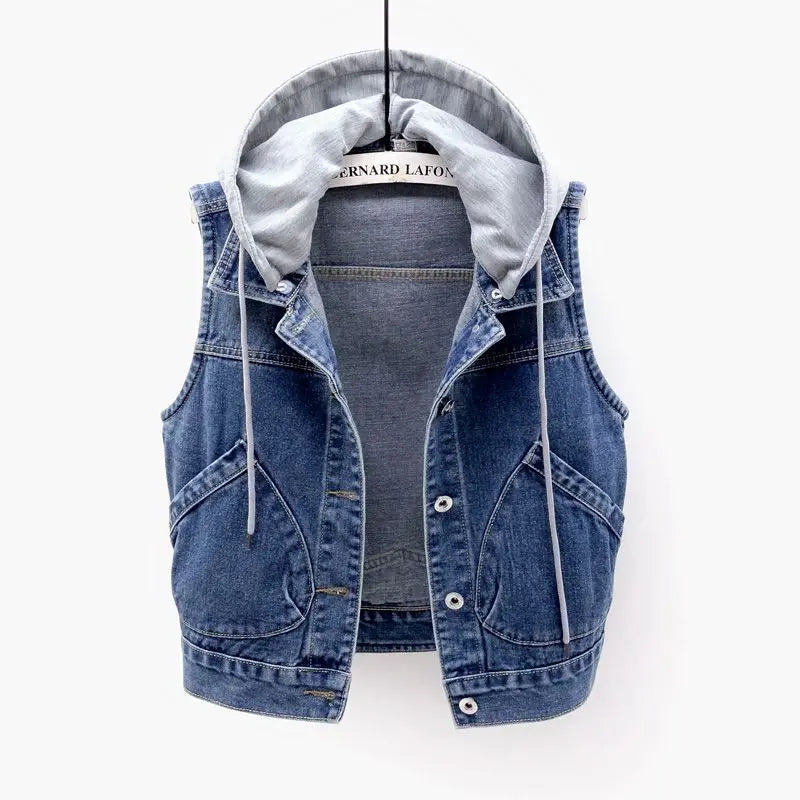 Casual Short Sleeveless Denim Vest Women's Hooded Jacket Casual Loose Fit Button up Pure Color Versatile Summer Outerwear