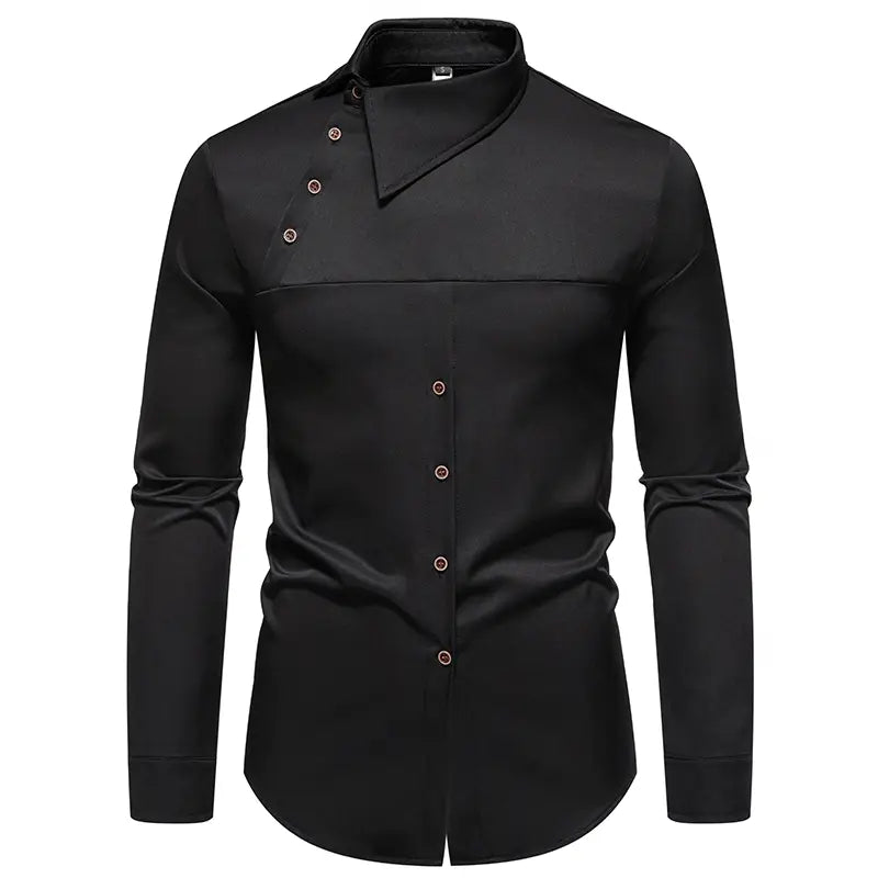 men asymmetrical slant collar long sleeve casual shirt in black featuring a sleek modern mandarin collar and subtle contrast buttons perfect for formal occasions