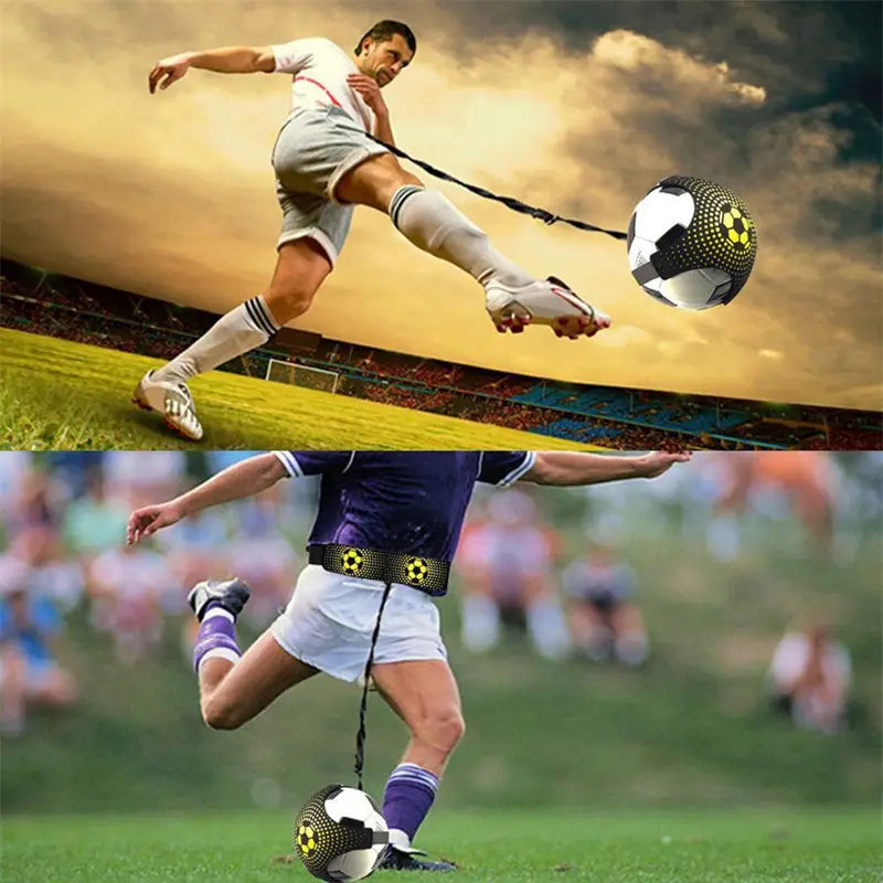 solo football training aid featuring a black and white soccer ball with yellow dotted pattern attached to a player’s leg by an adjustable elastic waist belt.
