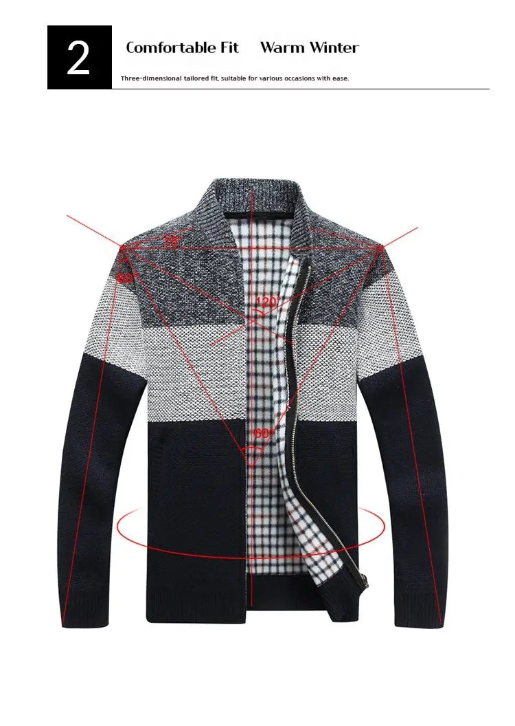 Cardigan d’hiver en maille tricotée doublé de polaire pour homme, élégant, avec un design en patchwork comprenant des sections tricotées gris, noir et blanc, et une doublure intérieure à carreaux.