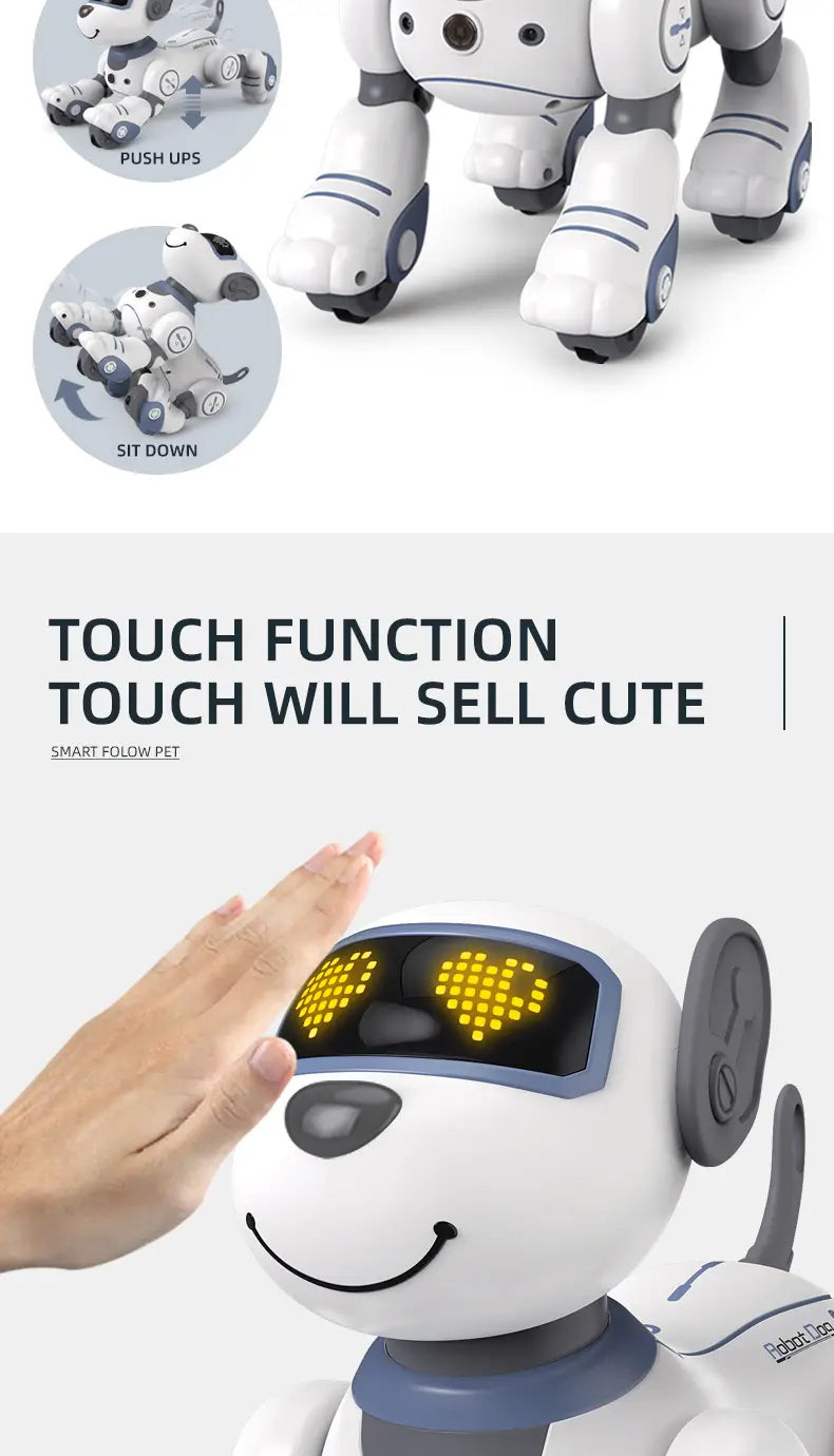 白と青のデザインで、黄色に発光するLEDの目とにこやかな表情を備えたスマートロボット犬のおもちゃの音声制御機能付き。