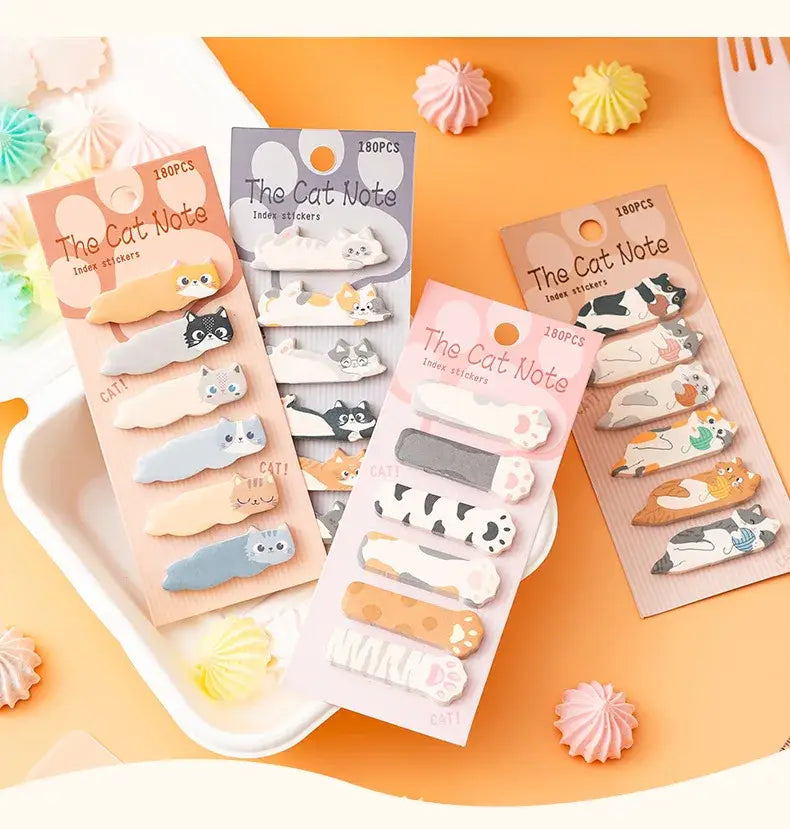 Pastellfarbene, katzenförmige Indexaufkleber in verschiedenen Mustern und Designs, verpackt auf gebrandeten Karten aus dem Katzenhaftnotizen-Memo-Pad-Set.