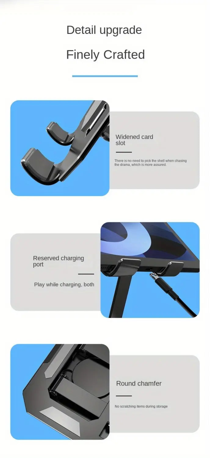 support de tablette en plastique noir réglable avec rotation à 360°, logement pour carte élargi réservé au port de charge et bords arrondis chanfreinés, visible depuis le côté arrière