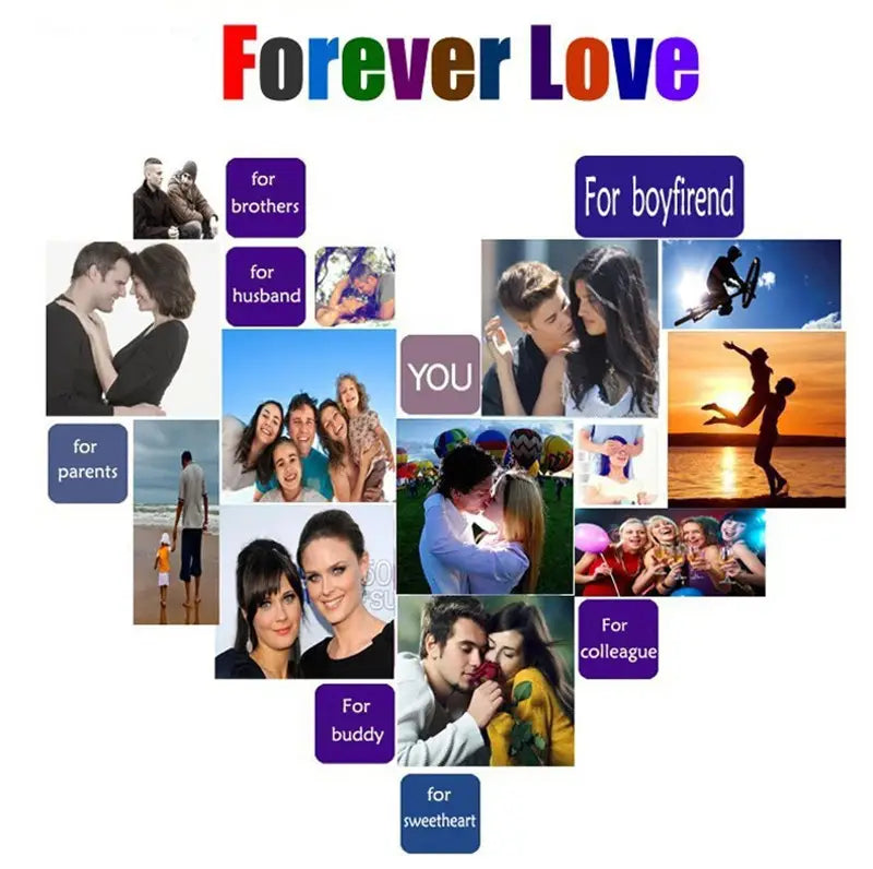 Collage en forme de cœur d’amour éternel, comprenant plusieurs photos et étiquettes axées sur des thèmes amoureux, présenté aux côtés d’un collier pendentif poisson en or 24 carats avec des détails émaillés.