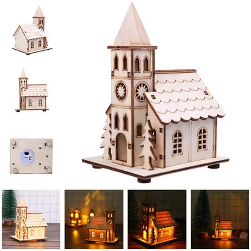 Ornement de sapin de Noël en bois représentant une maison, avec un clocher pointu, des fenêtres cintrées et des détails de toiture à bordure festonnée, conçu comme décoration de fenêtre DIY en cadeau.