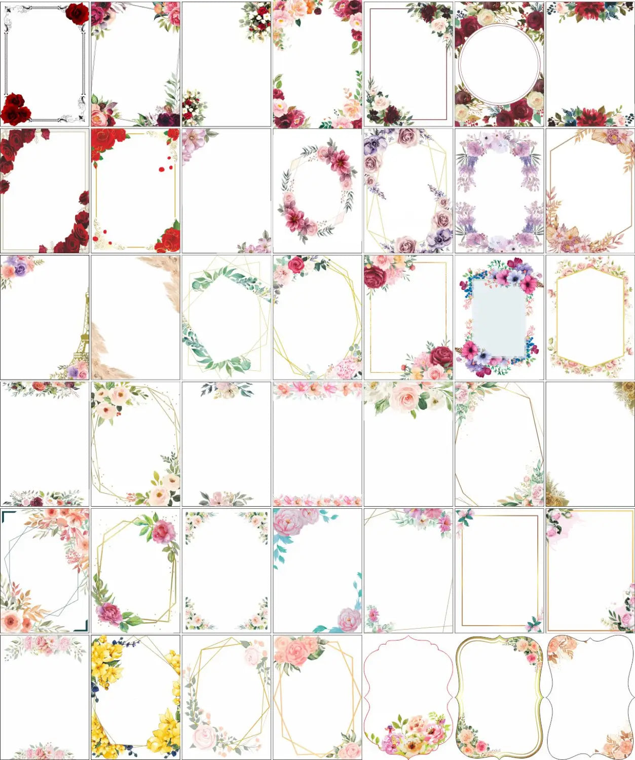 a collection of floral design printable frames with watercolor roses greenery and gold geometric outlines for custom acrylic shabbat candle blessing souvenir 10pcs