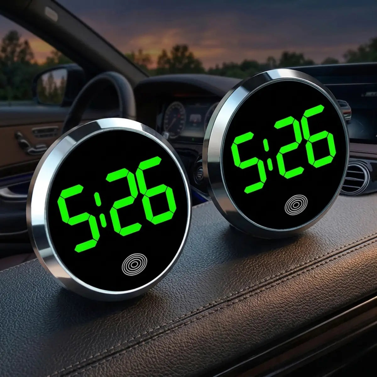 Two circular car dashboard digital clocks with bright green led touch display and chrome finished bezels showing the time 5 26.