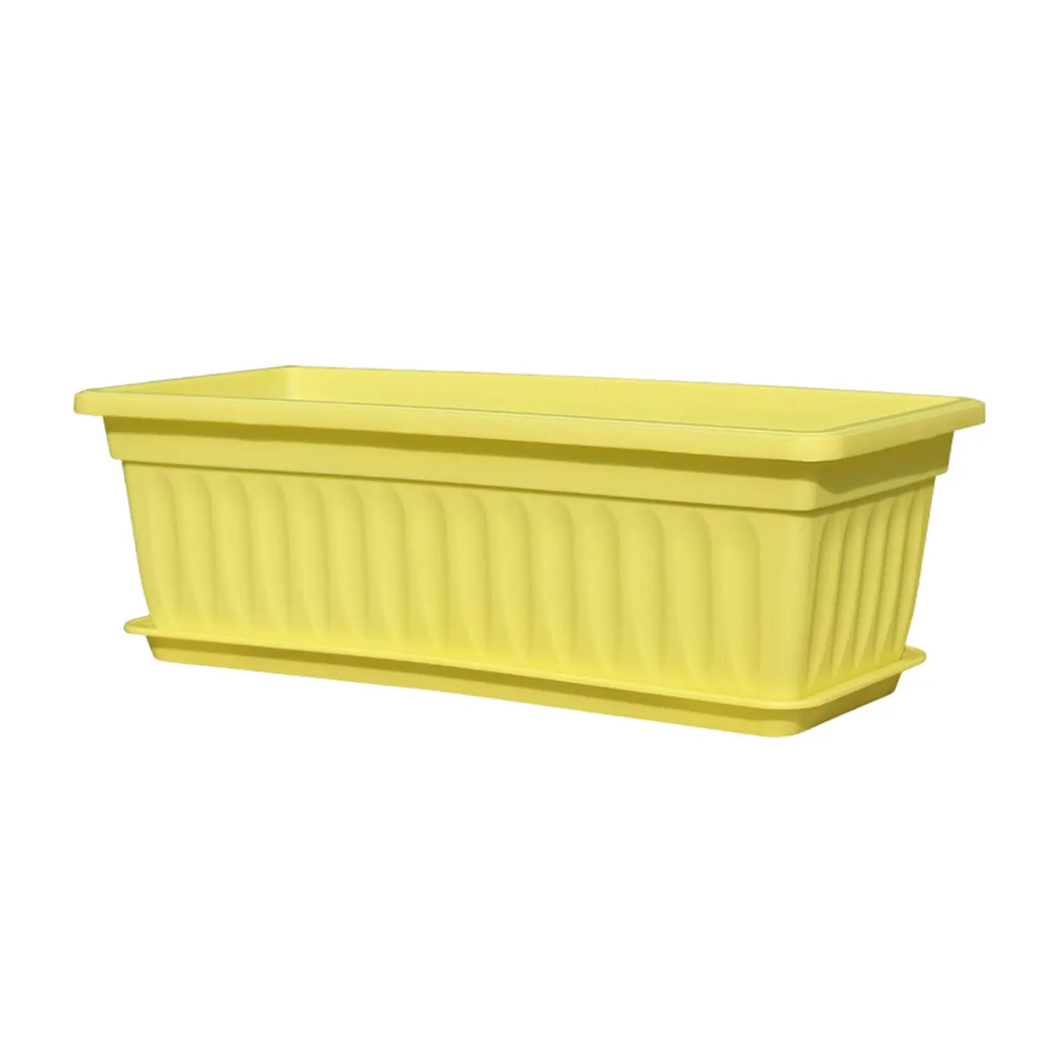 Maceta rectangular de plástico amarilla, con lados acanalados verticales, utilizada como bandeja para semillas para la descripción del producto de jardinería.