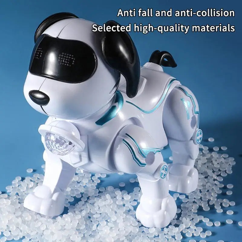 ティールのアクセントと胸部の発光LEDライトを備えた白黒のロボット犬であり、知能音楽ロボット犬用スタントおもちゃとして設計されています。