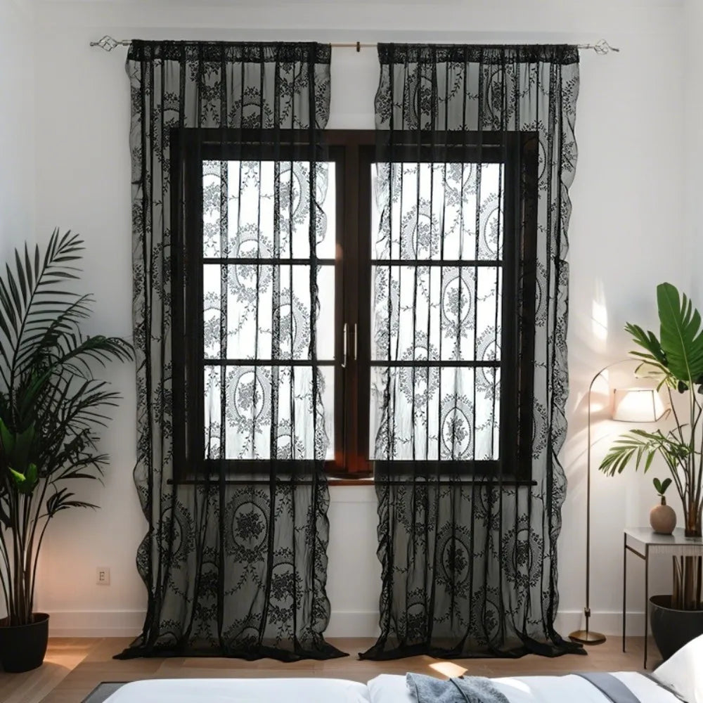 2 Pcs Home Decor Ruffled Edge French Lace Floral Curtain Retro Embroidered Gauze Curtain Rustic Voile Curtain Living Room