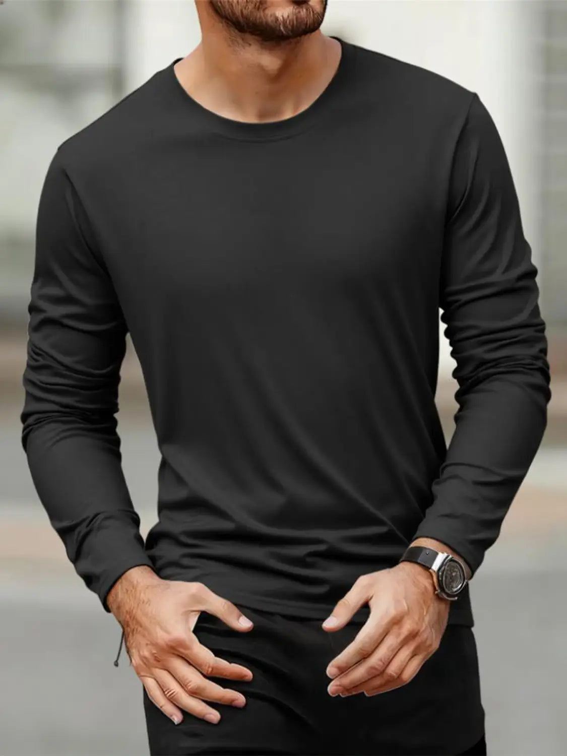 T-shirt à manches longues col rond à évacuation de l’humidité pour hommes, noir, en tissu ajusté