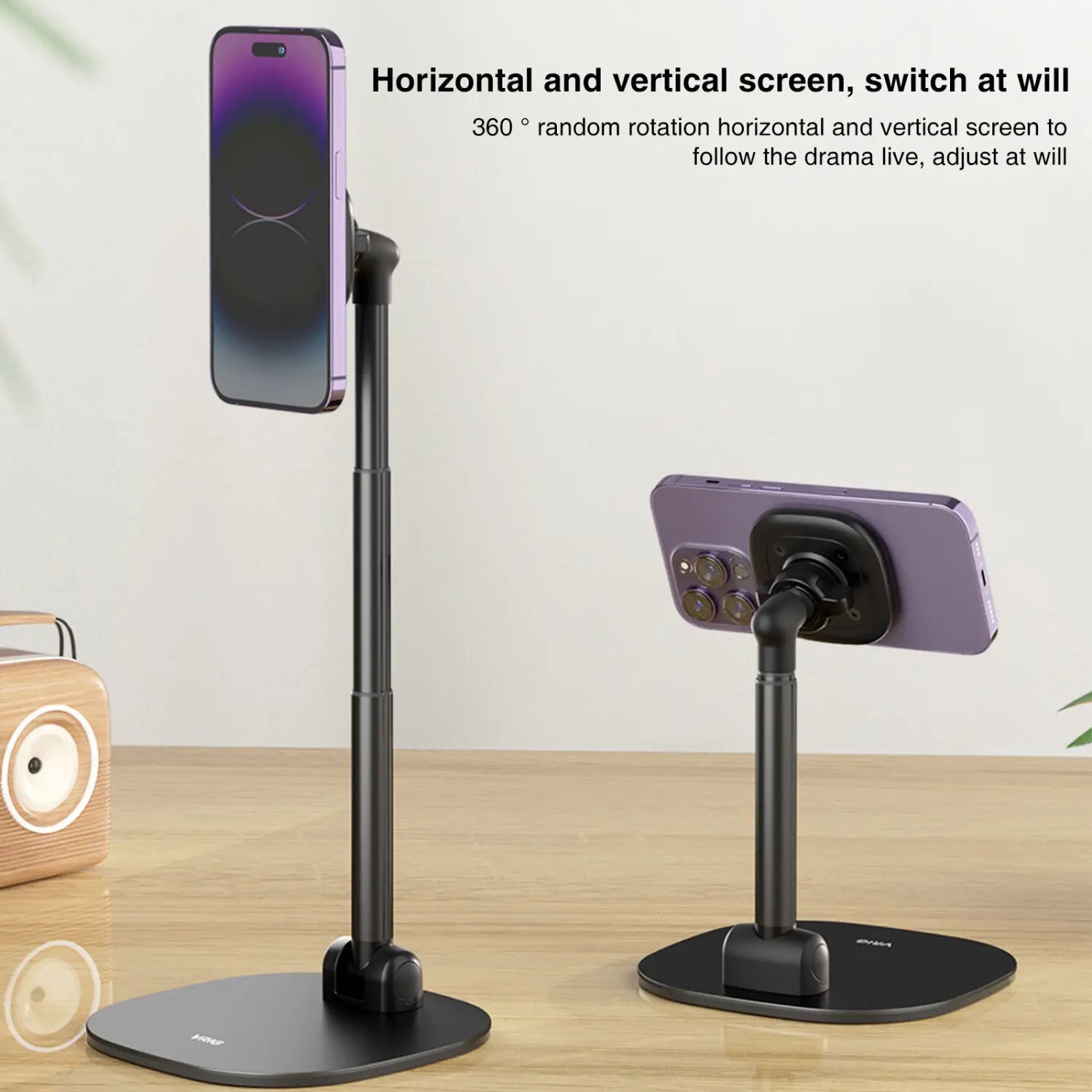 Schwarze verstellbare Desktop-Magnet-Handyhalterung mit 360-Grad-Drehung für die Anzeige des Bildschirms im Quer- und Hochformat bei kabelloser Aufladung