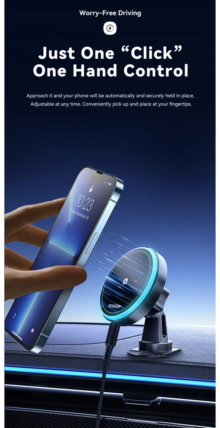 Essager 15w magnetic wireless car charger mount featuring a sleek circular magnetic holder with a glowing blue rim and black base.
