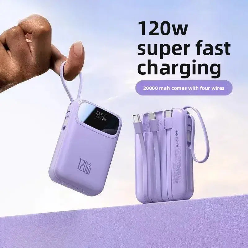 Lavender portable power bank with 120w super fast charging and digital display showing 99 percent battery level.