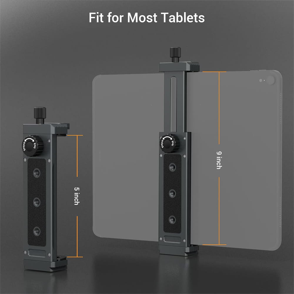 black aluminum tablet clamp with adjustable height and clamp mechanism for 5-inch or 9-inch tablets designed as a universal tripod mount adapter